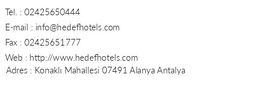 Hedef Beach Resort Hotel telefon numaralar, faks, e-mail, posta adresi ve iletiim bilgileri